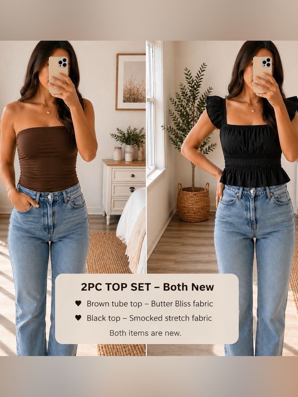 Butter Bliss XXS 2pc top Bundle Brown tube top & Black puff sleeve crop